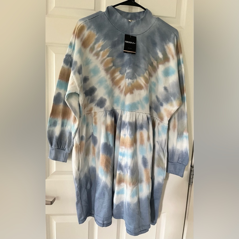 Forever 21+ Plus No Comment Blue & White Tye Dye Dress 2X NWT
